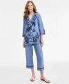 CHARTER CLUB WOMENS 100 LINEN 3 4 SLEEVE TUNIC TOP EMBROIDERED CUFF 100 LINEN WOVEN CROPPED PANTS EXCLUSIVELY AT 