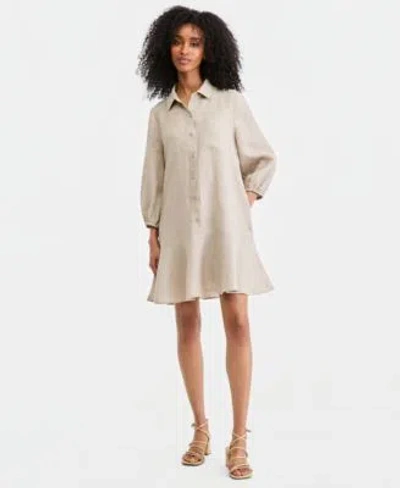 Charter Club Womens 100 Linen Button Front 3 4 Sleeve Dress Created For Macys In Neutral