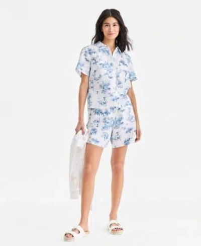 Charter Club Womens 100 Linen Camp Shirt Pull On Shorts Macys Exclusive In White