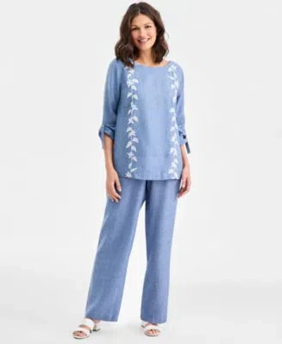 Charter Club Womens 100 Linen Drawstring Pants Created For Macys In Blue