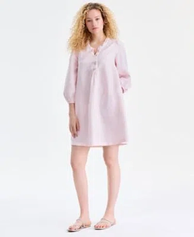 Charter Club Womens 100 Linen Embellished Split Neck Dress Macys Exclusive In Pink