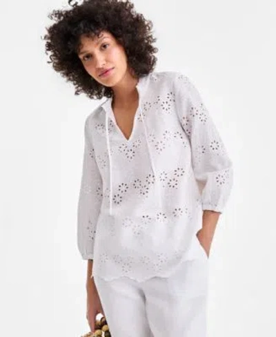 Charter Club Womens 100 Linen Eyelet Embroidered Blouson Sleeve Top Macys Exclusive