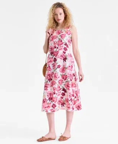 Charter Club Womens 100 Linen Floral Print Tank Midi Dress Macys Exclusive In Pink