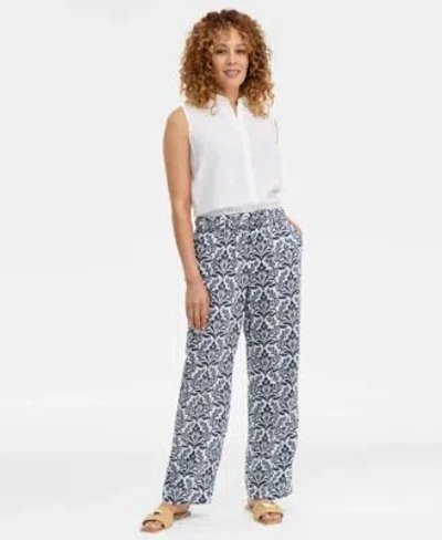 Charter Club Womens 100 Linen Print Pull On Wide Leg Pants Macys Exclusive In Blue