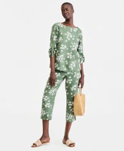Charter Club Womens 100 Linen Roll Tab Top Cropped Pull On Pants Macys Exclusive In Green
