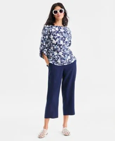 Charter Club Womens 100 Linen Solid Cropped Pull On Pants Created For Macys In Blue