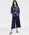 Charter Club Womens Cropped Wide Leg 100 Linen Pants Boatneck Palm Top Exclusively At Macys In Intrepid Blue