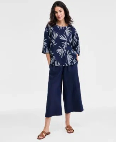 Charter Club Womens Cropped Wide Leg 100 Linen Pants Boatneck Palm Top Exclusively At Macys In Intrepid Blue