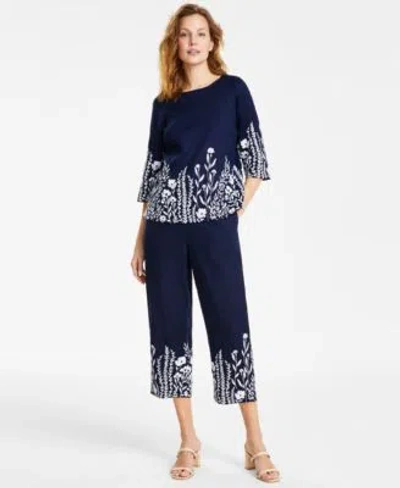 Charter Club Womens Linen Embroidered 3 4 Sleeve Top Linen Embroidered Cropped Pants Created For Macys In Intrepid Blue Combo