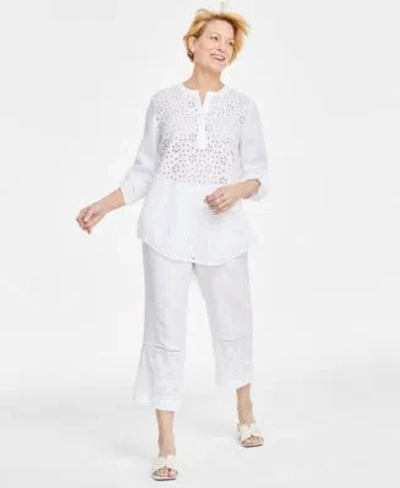 Charter Club Womens Linen Eyelet Top Eyelet Trim Cropped Pants Created For Macys In Bubble Bath