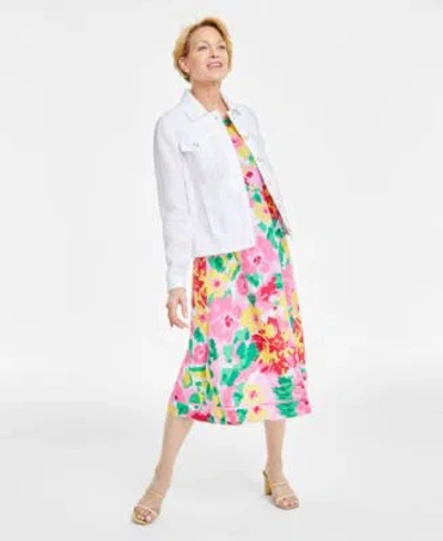 Charter Club Womens Linen Jacket Floral Print Sleeveless Dress Created For Macys In Blue Ocean