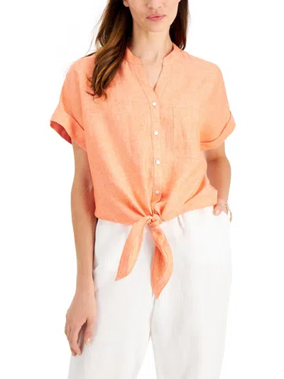 Charter Club Womens Linen Pocket Button-down Top In Pink