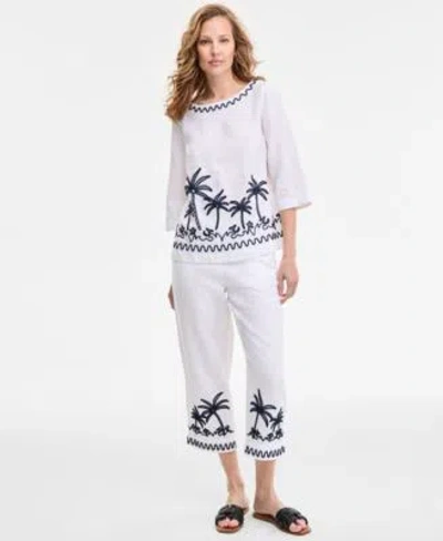 Charter Club Womens Palm Applique 100 Linen Top Woven Applique 100 Linen Pull On Cropped Pants Exclusively At Mac