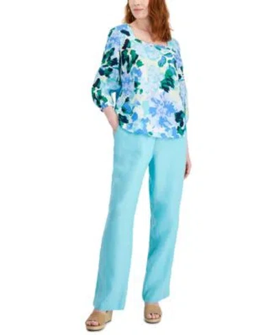 Charter Club Womens Printed Square Neck Linen Top Matching Drawstring Waist Linen Pants Created For Macys In Light Pool Blue Combo