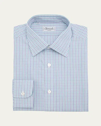 Charvet Men's Cotton Mini Check Dress Shirt In Blue Aqua