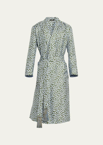 Charvet Men's Whale-print Silk Robe With Fringe Belt In Olive