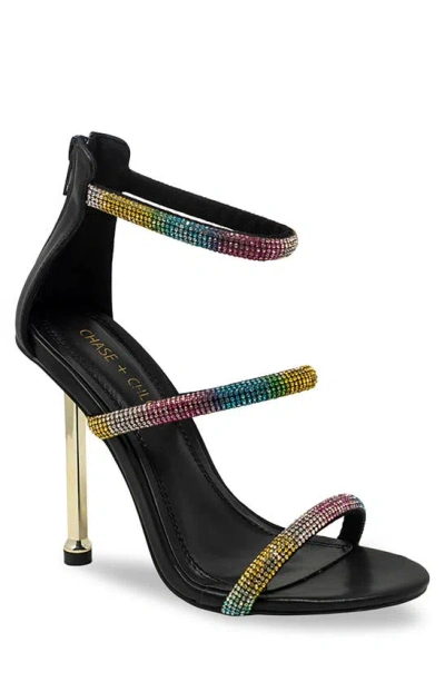 Chase & Chloe Elle Triple Rhinestone Strap Sandal In Black Pu