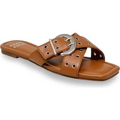 Chase & Chloe Chase And Chloe Grommet Cross Strap Slide Sandal In Brown