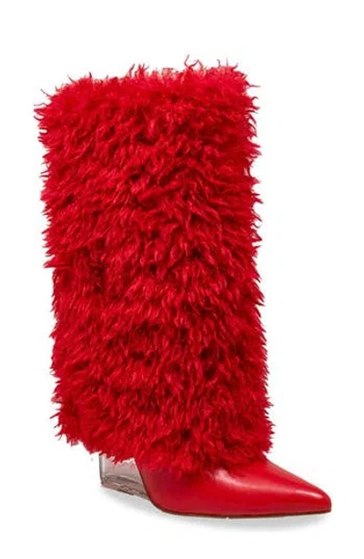 Chase & Chloe Chase And Chloe Megham Faux Fur Wedge Heel Bootie In Red