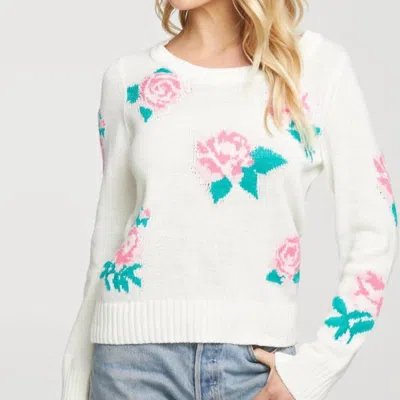 Chaser Floral Cotton Blend Long Sleeve Crew Neck Sweater In White