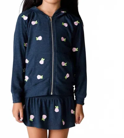 Chaser Kids' Girl's Allover Rose Buds Zip Up Hoodie In Navy In Blue