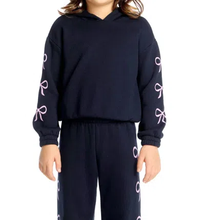 Chaser Kids' Girl's Semi Cropped Shirred Bows Hoodie Pullover Top In Stormy In Blue