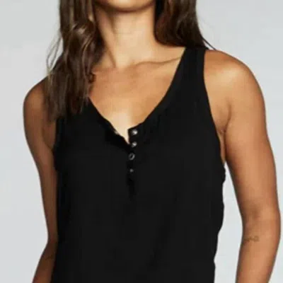 Chaser Heirloom Wovens Cropped Snap Front Racerback Henley In True Black