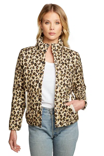 Chaser Heirloom Wovens Quilted Cropped Mock Neck Puffer Jacket In Bobcat Print In Transparent