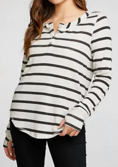 Chaser Heritage Waffle Long Sleeve Henley Shirt In Stripe Black/ivory In Multi