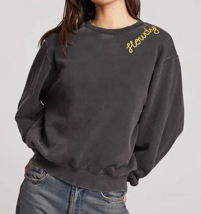 Chaser Howdy Chainstitch Long Sleeve Top In Black In Gray