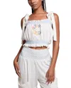 CHASER LINEN-BLEND EMBROIDERY CROP TOP