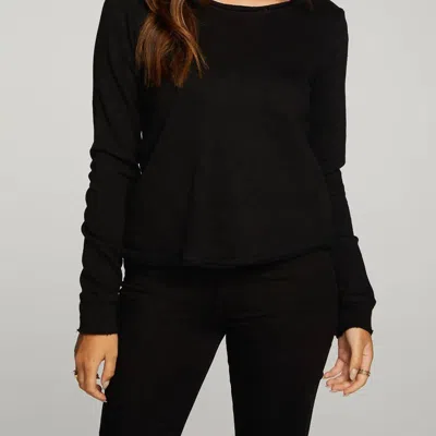 Chaser Linen French Terry Long Sleeve Cross Back Pullover In Black