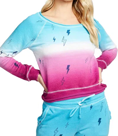 Chaser Linen French Terry Long Sleeve Raglan Pullover In Tie Dye Bolt In Blue