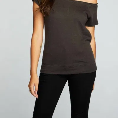 Chaser Linen French Terry Off The Shoulder Raglan Cap Sleeve Pullover In Black