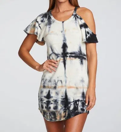 Chaser Linen French Terry Tie Dye Vented Flutter Sleeve Dress In Black Sands In Multi