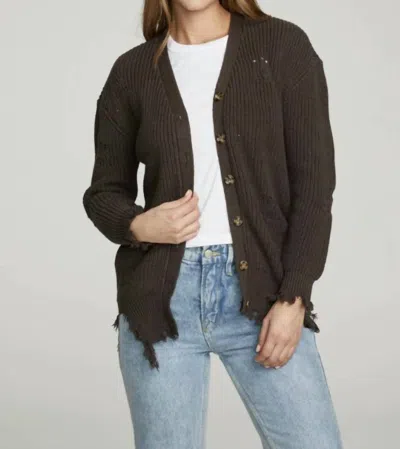 Chaser Long Sleeve Button Down Deconstructed Sweater Cardigan In Falcon In Brown