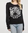 Chaser Long Sleeve Crew Neck Sweater Tiger In Black In Black