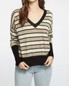 Chaser Long Sleeve Striped V-neck Sweater In Beige