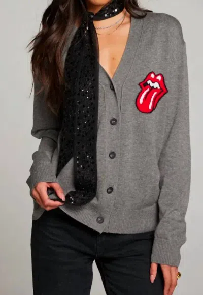 Chaser Rolling Stones Cardigan Logo Intarsia Knit Vibe Cardigan In Dark Heather Grey