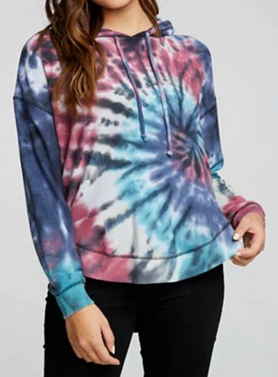 Chaser Rpet Cozy Knit Long Sleeve Hi Lo Hoodie In Dark Crystal Tie Dye In Multi