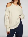 CHASER SEQUIN KNIT COLD SHOULDER SWEATER IN CREAM