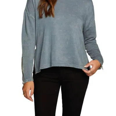 Chaser Slub French Terry Long Sleeve Open Neck Pullover With Zippers In Grey