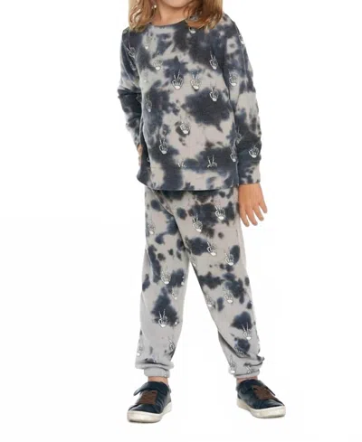 Chaser Kids' Tie Dye Skeleton Peace Hacci Pullover In Grey In Blue