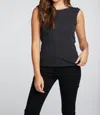 Chaser Triblend Rib Shirred Back V Muscle Tank Top In Black In Black