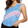 Chaser Vintage Rib Cropped Henley Shirttail Tank In Eclipse Tie Dye In Blue