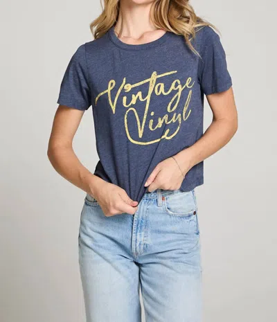 Chaser Vintage Vinyl Tee In Dark Blue With Yellow Script