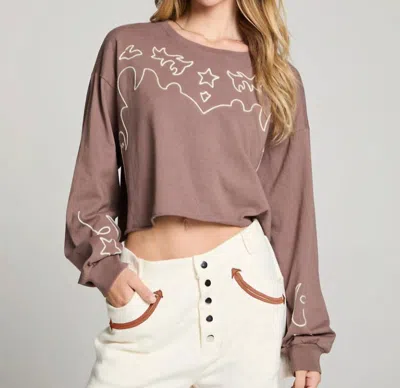 Chaser Western Embroidery Long Sleeve Sweatshirt In Deep Taupe In Brown