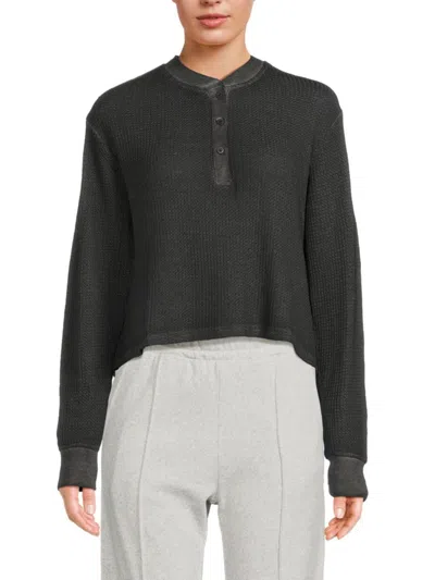 Chaser Women's Casey Burnout Waffle Knit Long Sleeve Thermal Henley In Licorice