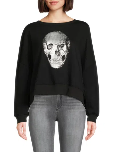 Chaser Women's Skull Graphic Crop Sweater In Black