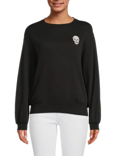 Chaser Women's Skull Graphic Drop Shoulder Sweater In Licorice